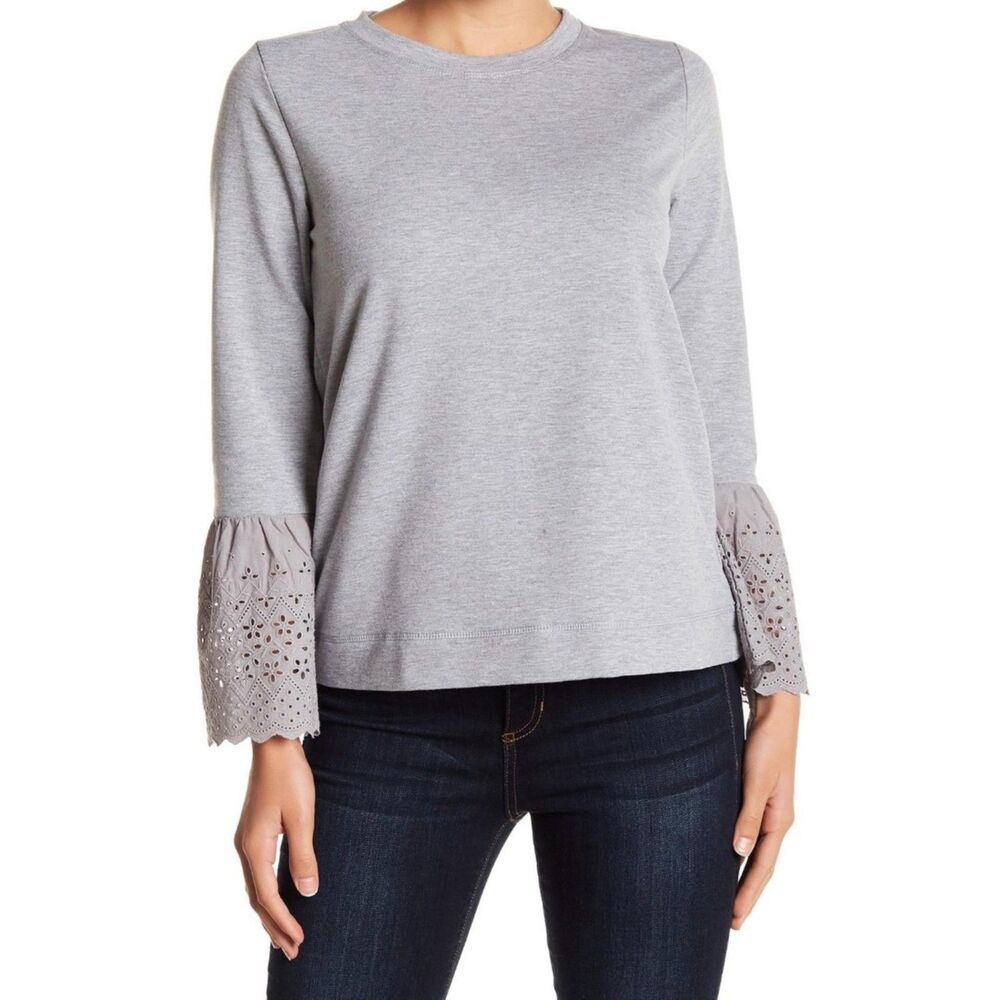 Bobeau Petite | Heather Gray Lace Trimmed Bell Sleeve Top | MP